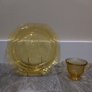 Vintage Federal Glass Recollection Madrid Amber Glass Dinner Plate Sugar Bowl